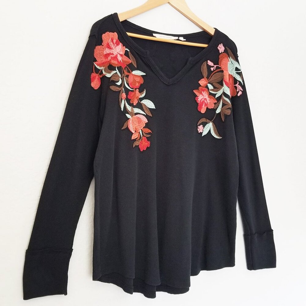Soft Surroundings Wildflower Floral Embroidered Thermal Top Waffle Knit Black L - Picture 3 of 16
